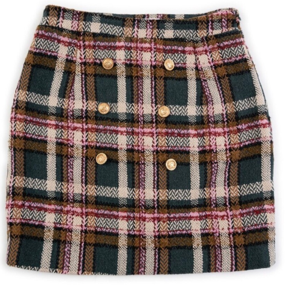 Plaid Tweed Double-Breasted Mini Skirt in Green and Pink